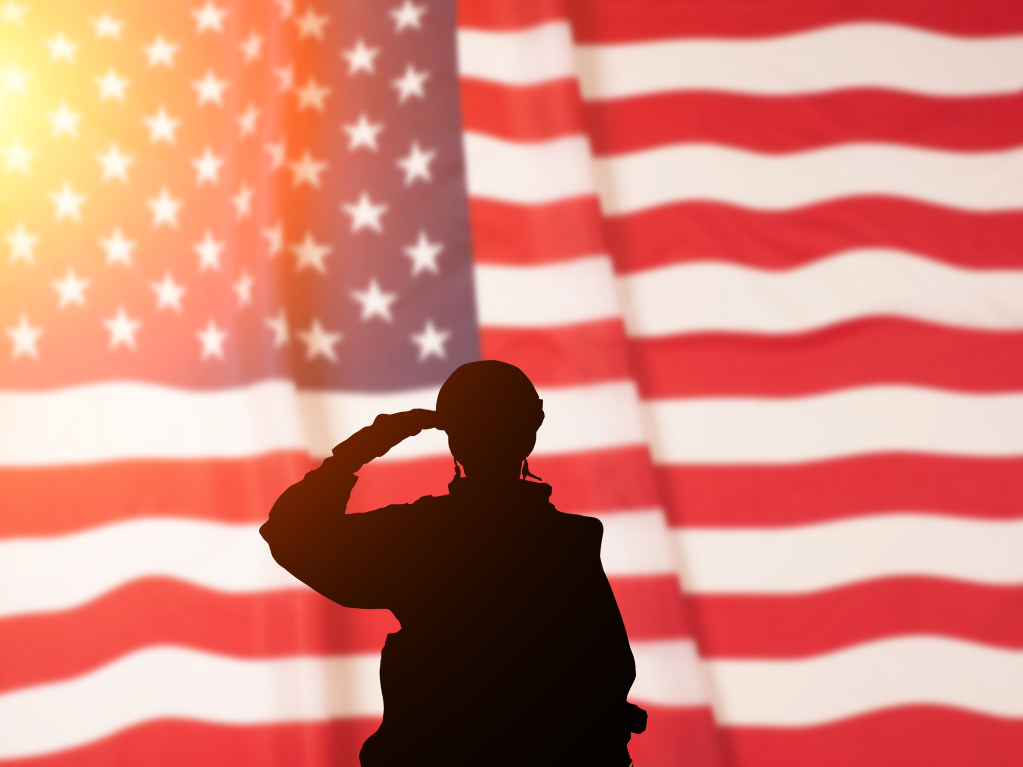 American flag with silhouette of a person saluting