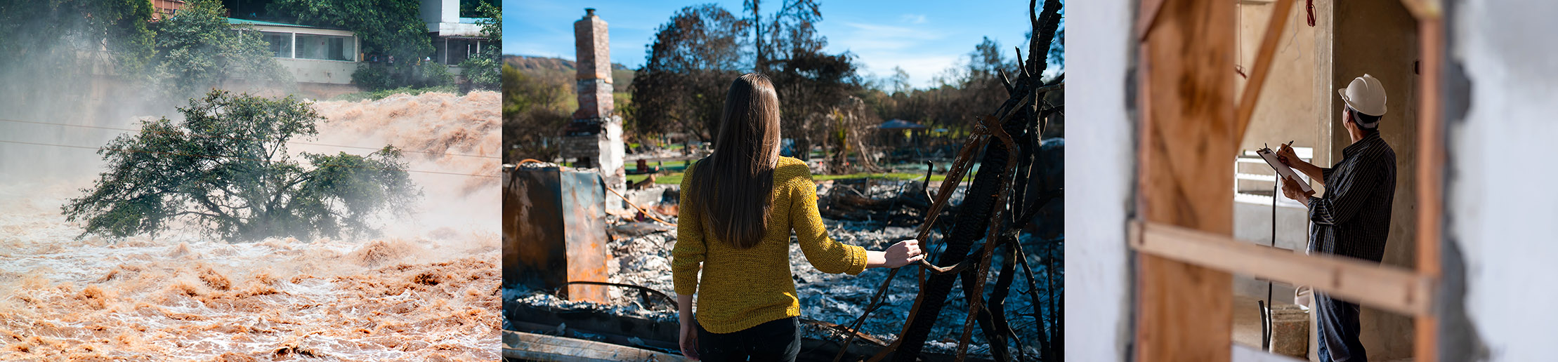 A flooded neighborhood, a woman surveying a burned-down home, and a man in a hard hat assessing a damaged home