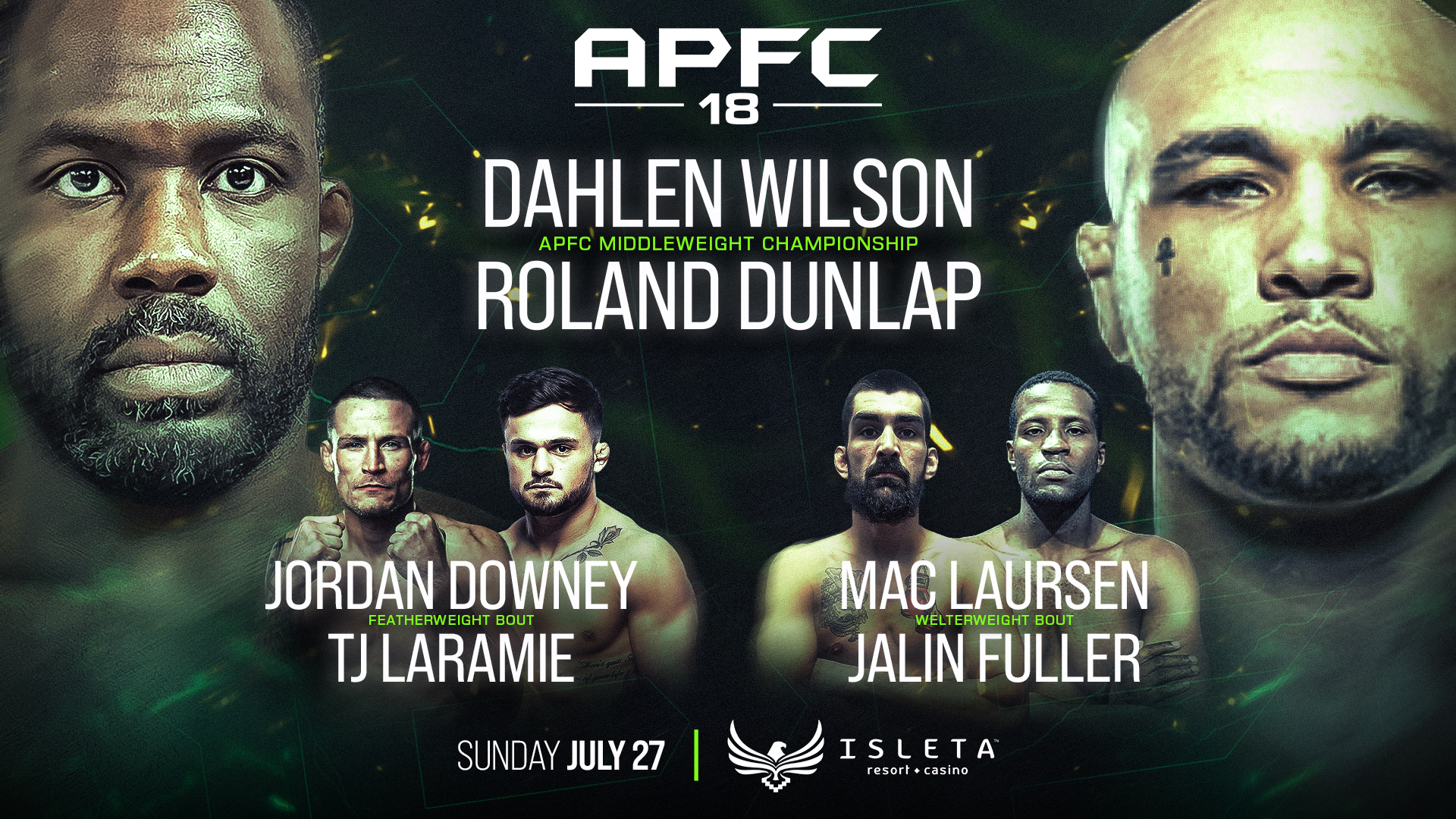 Promotional graphic for APFC 18 featuring headlining fighters Dahlen Wilson and Roland Dunlap for the APFC Middleweight Championship. Additional featured bouts include Jordan Downey vs. TJ Laramie (Featherweight Bout) and Mac Laursen vs. Jalin Fuller (Welterweight Bout). The event is scheduled for Sunday, July 27 at Isleta Resort & Casino. The image shows intense portraits of the fighters on a dark, high-contrast background with glowing green accents.