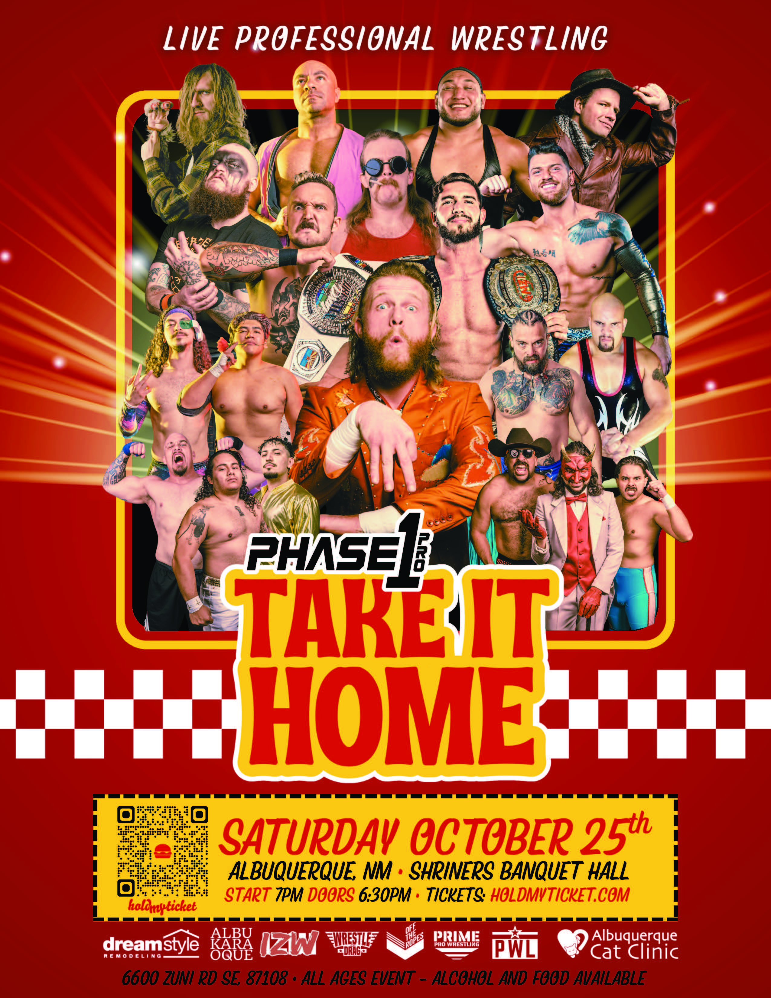 A red and black professional wrestling event poster with a large photo collage of twenty male wrestlers. The event is "Phase 1: Take It Home," scheduled for Saturday, October 25th in Albuquerque, NM.