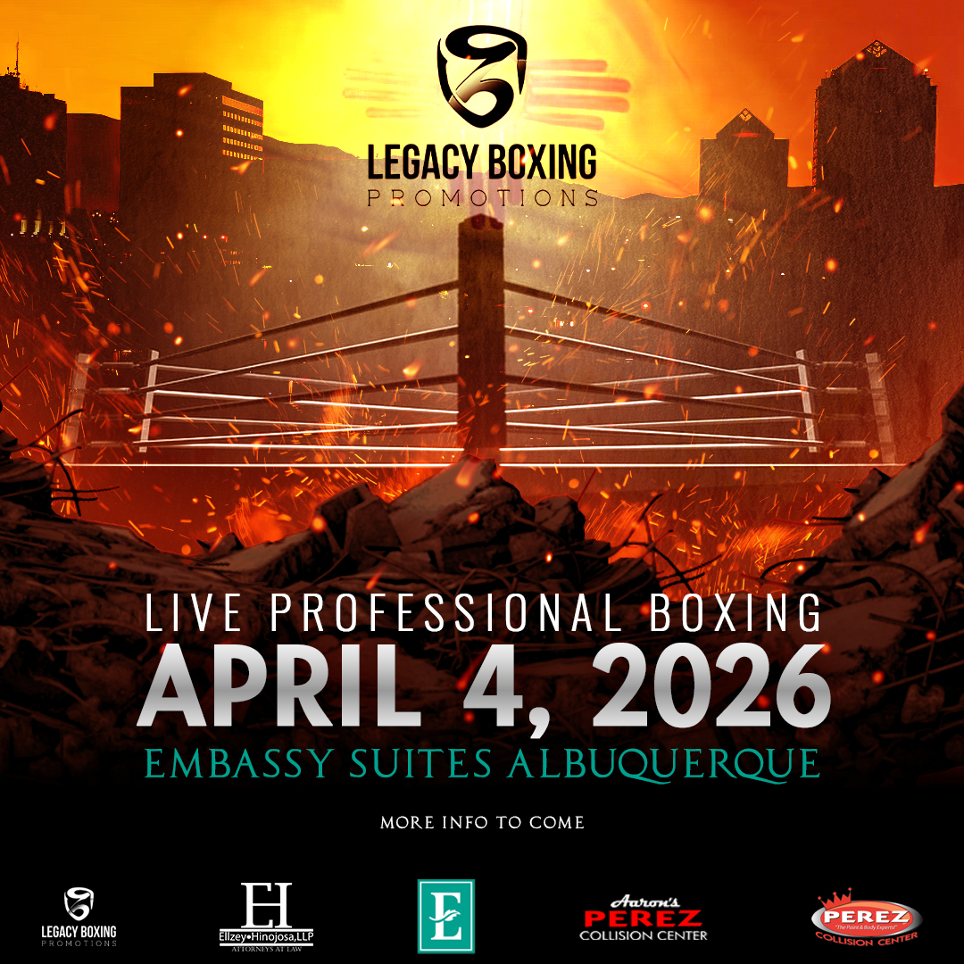 Teaser poster for a live boxing event at Embassy Suites in Albuquerque, NM on April 4, 2026.