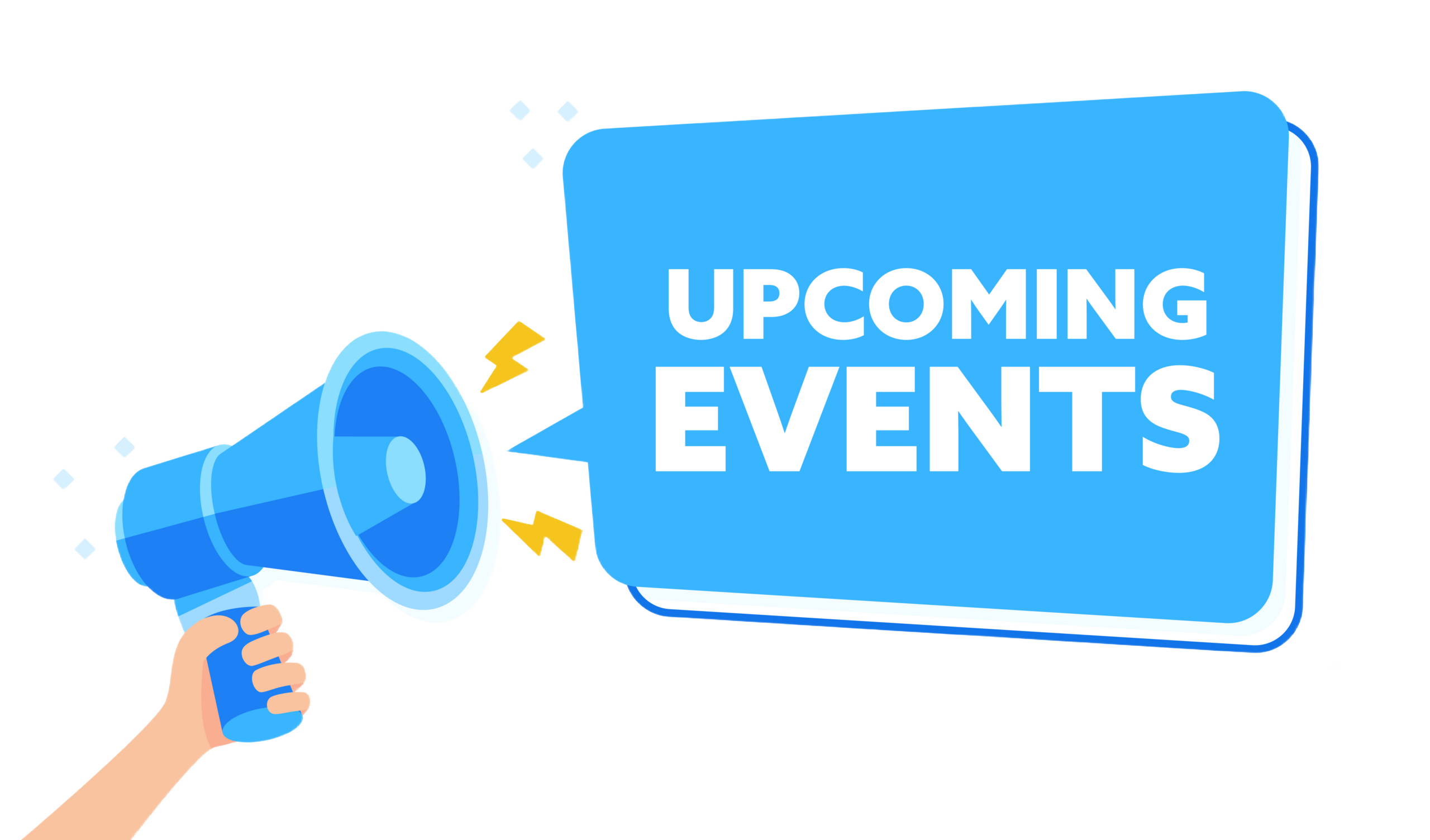 Upcoming events graphic with megaphone animation and board with the words "upcoming events."